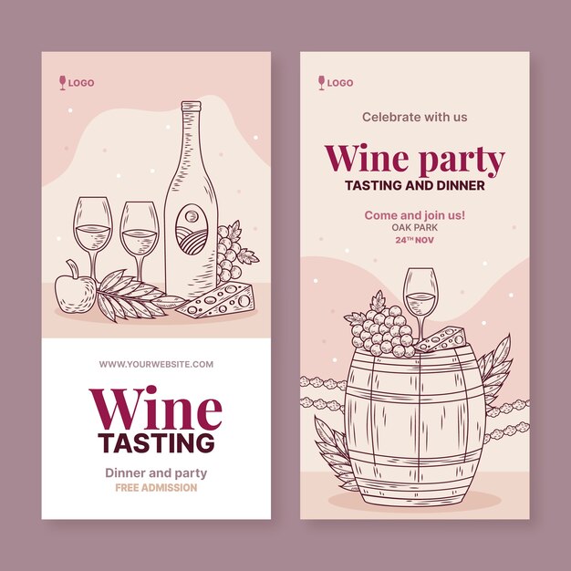Banner vertical de cata de vinos dibujado a mano