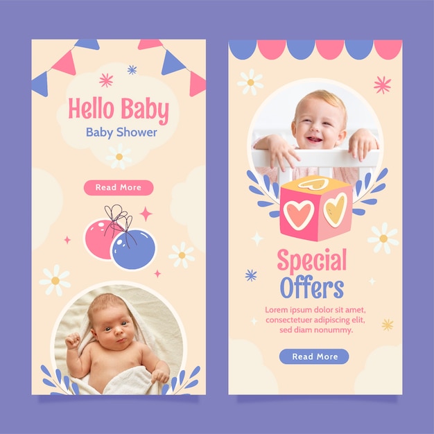 Vector gratuito banner vertical de celebración de baby shower dibujado a mano