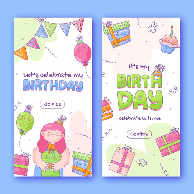 Banner vertical de celebración de cumpleaños dibujado a mano