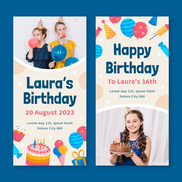 Banner vertical de celebración de cumpleaños de diseño plano