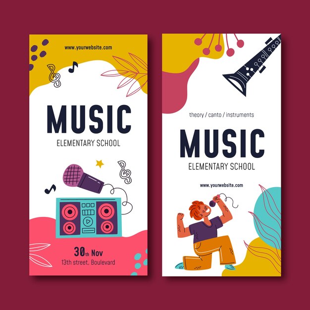 Banner vertical de escuela de música dibujado a mano