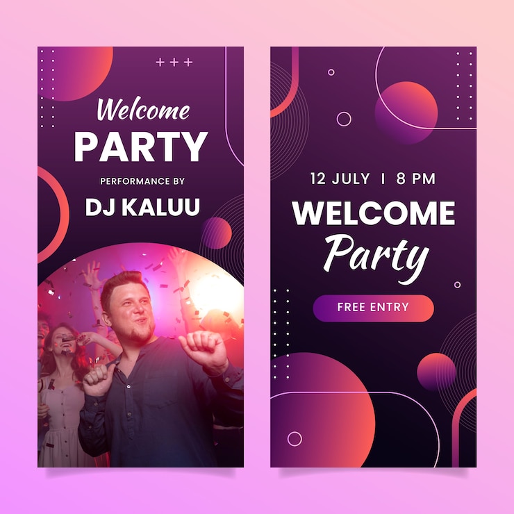Vector gratuito banner vertical de fiesta de bienvenida degradado
