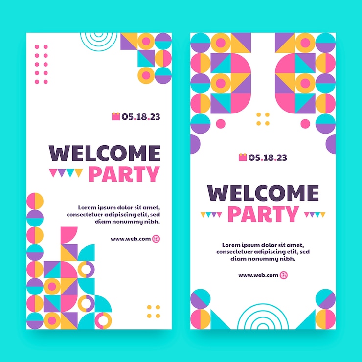 Vector gratuito banner vertical de fiesta de bienvenida de diseño plano