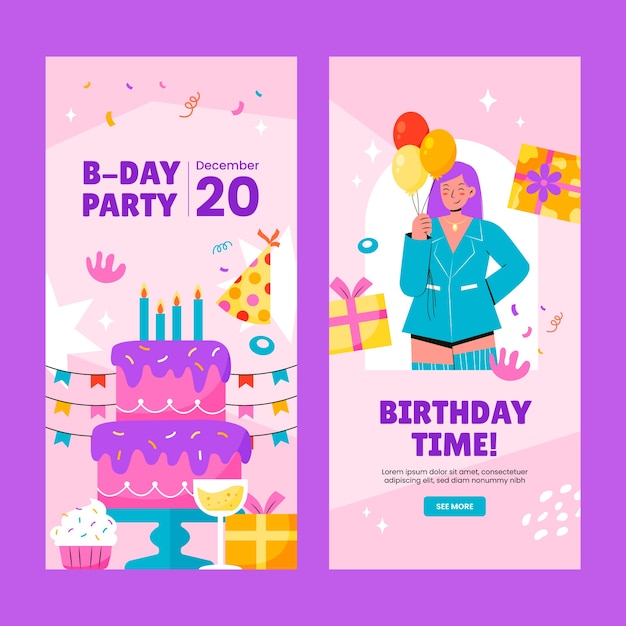 Banner vertical de fiesta de cumpleaños de diseño plano