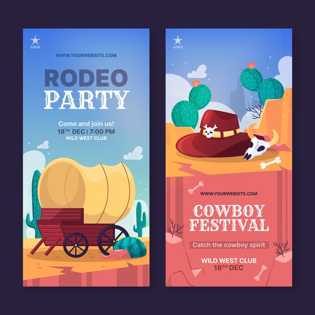 Banner vertical de fiesta vaquera dibujada a mano