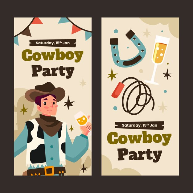 Banner vertical de fiesta vaquera dibujada a mano