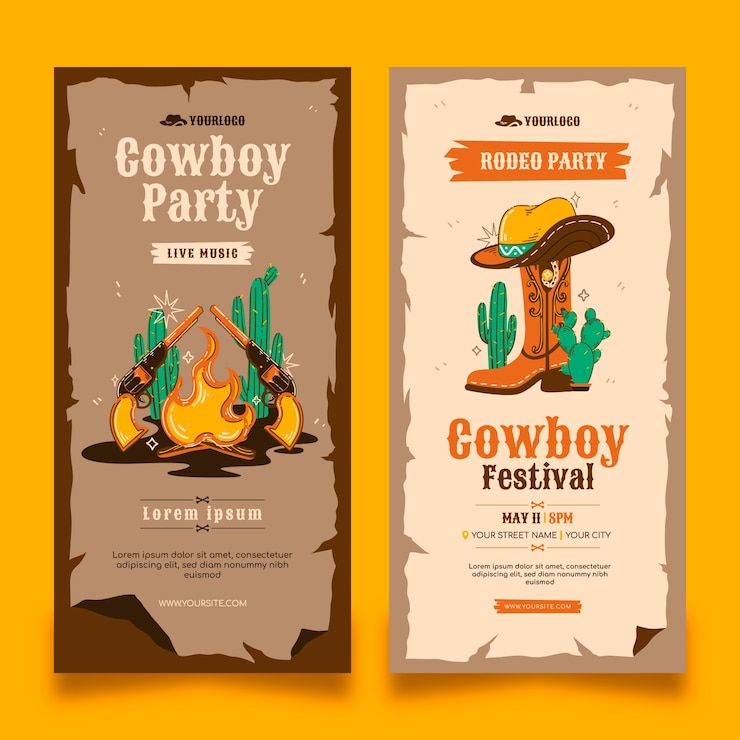 Vector gratuito banner vertical de fiesta vaquera dibujada a mano