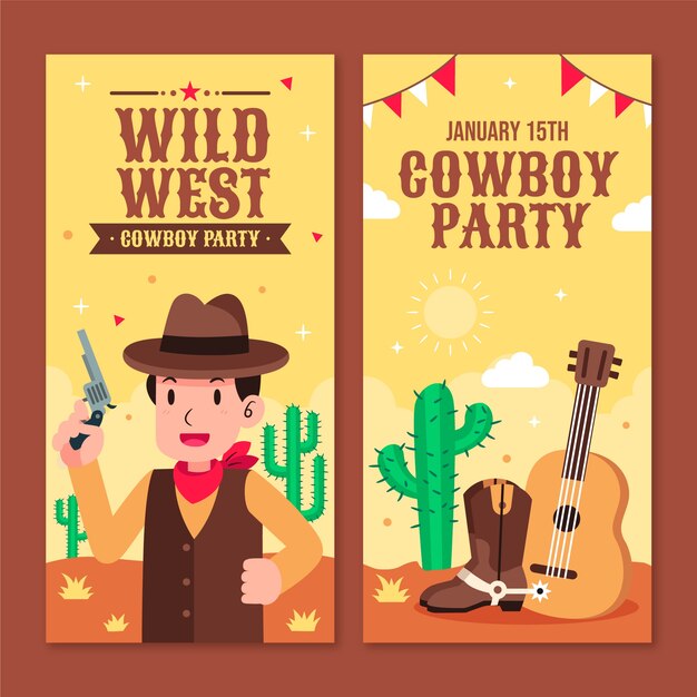 Banner vertical de fiesta vaquera de diseño plano