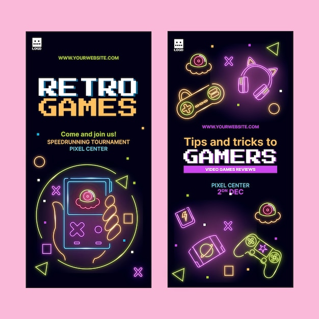 Vector gratuito banner vertical de juego de neón dibujado a mano