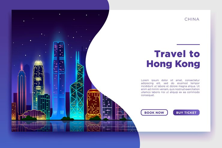 Vector gratuito banner de viaje de hong kong diseño de plantilla vectorial con viajes y horizonte de la ciudad monumentos más famosos y elementos de destinos turísticos en colores de fondo ilustración vectorial