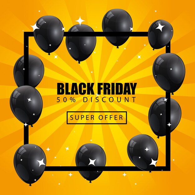 Banner de viernes negro y cincuenta descuentos con globos de decoración de helio