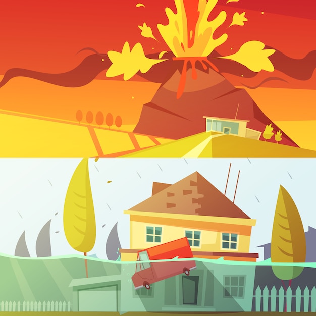 Vector gratuito banner de volcanes e inundaciones