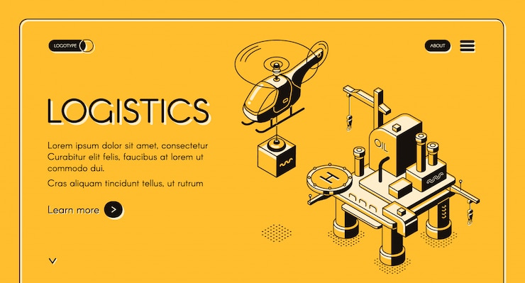 Vector gratuito banner de web de la compañía logística con helicóptero que transporta carga desde la plataforma petrolera