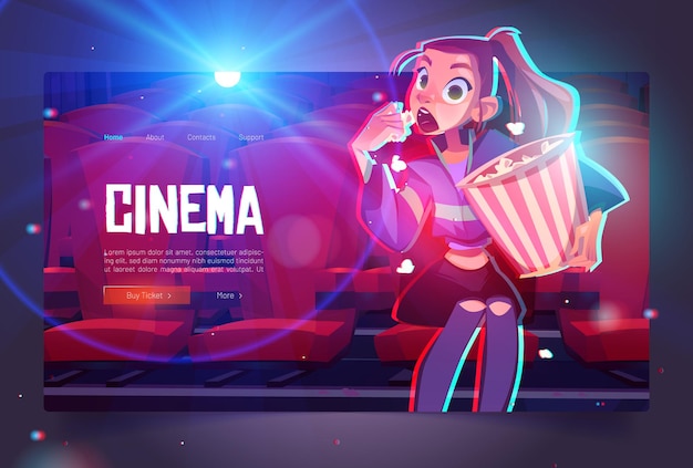 Banner de web de dibujos animados de cine joven hipnotizada chica con cubo de palomitas de maíz sentado en el cine