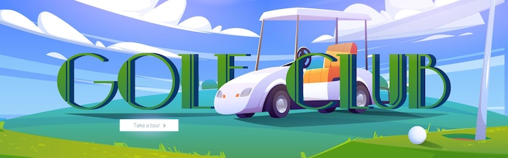 Vector gratuito banner de web de dibujos animados de club de golf con carrito de golfista