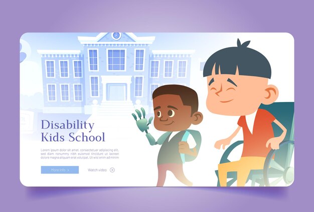 Banner web de dibujos animados de la escuela de niños discapacitados con niños multirraciales discapacitados niño asiático en silla de ruedas y niño asiático con prótesis biónica de mano frente al edificio del campus ilustración vectorial