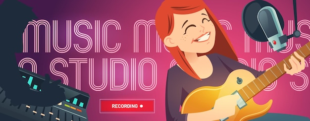 Banner de web de dibujos animados de estudio de grabación con cantante