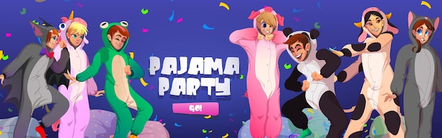 Vector gratuito banner web de dibujos animados de fiesta de pijamas. las personas con monos de animales kigurumi se regocijan con confeti y almohadas. adolescentes con disfraces de rana, gato, vaca y panda, cerdo, unicornio y murciélago, ilustración vectorial