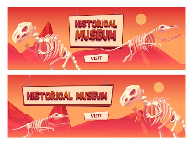 Banner de web de dibujos animados del museo histórico con esqueletos de dinosaurios y botón de visita.