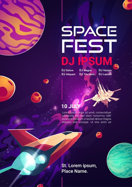 Banner de web de dibujos animados de space fest, invitación a un espectáculo de música o concierto con actuación de dj