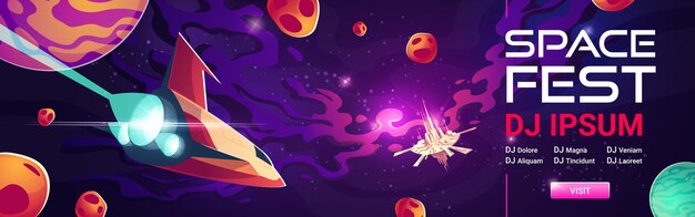 Banner de web de dibujos animados de space fest, invitación a un espectáculo de música o concierto con actuación de dj.