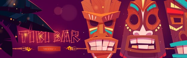 Banner de web de dibujos animados de tiki bar con máscaras tribales antorchas encendidas hojas de palma