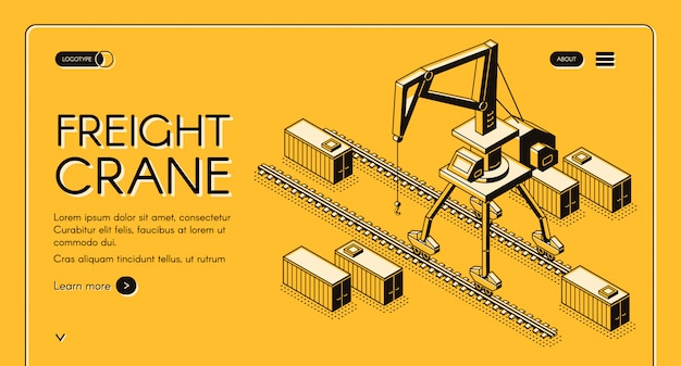 Banner de la web de la grúa de carga con la grúa de portal moviéndose sobre rieles entre contenedores de carga