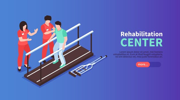 Banner de web horizontal de fisioterapia de rehabilitación isométrica con botón deslizante de texto editable y personajes humanos de asistentes médicos