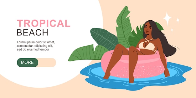 Vector gratuito banner de web horizontal plana de playa tropical con mujer relajándose en la ilustración de vector de anillo de flotación