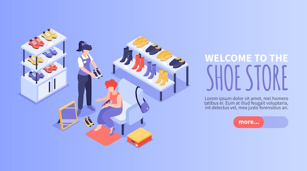 Banner web horizontal de zapatería isométrica con personajes femeninos de asistente de tienda y cliente probándose calzado ilustración vectorial 3d