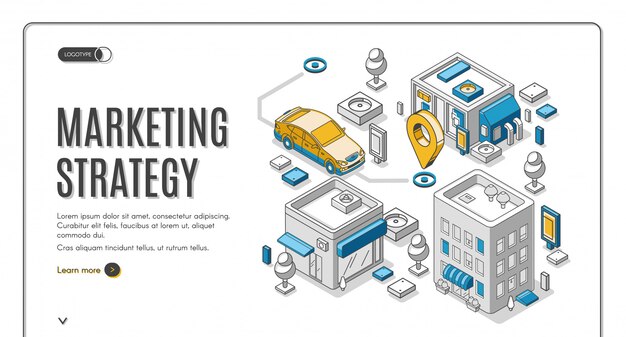 Banner de web isométrica de estrategia de marketing, planificación