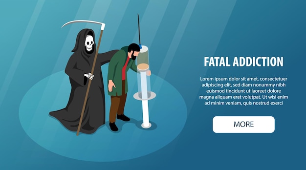 Vector gratuito banner web isométrico horizontal de adicción fatal con carácter de muerte y hombre adicto a las drogas con ilustración de vector 3d de jeringa