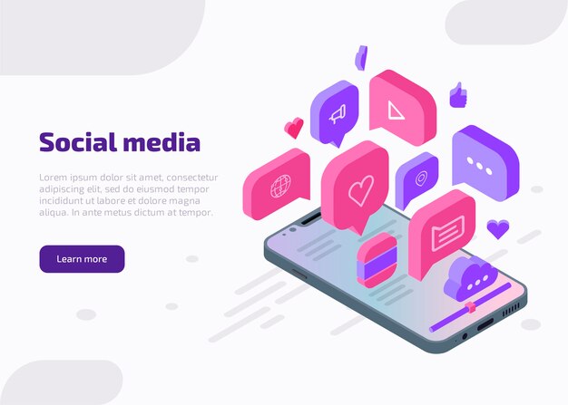 Banner de web isométrico de marketing en redes sociales, plantilla de página de destino. Concepto de influencia con me gusta, chat, video, música, corazón, nube, iconos de internet desde la pantalla del teléfono inteligente.