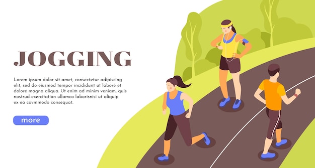 Vector gratuito banner de web isométrico de promoción de estilo de vida activo al aire libre para correr con gente que corre por caminos rurales