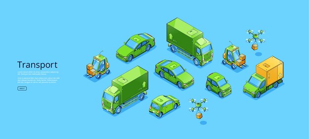 Banner web isométrico de transporte con sedán o automóvil eléctrico, camión de carga, carretilla elevadora, refrigerador, furgoneta y quadcoper. Diferentes automóviles, modos de transporte, maquinaria, concepto de arte de línea vectorial 3d