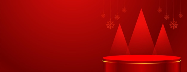 Vector gratuito banner web moderno podio rojo con diseño de árbol de navidad