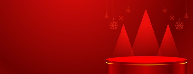 Banner web moderno podio rojo con diseño de árbol de navidad