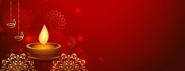 Banner web rojo feliz diwali con diya en estilo dorado