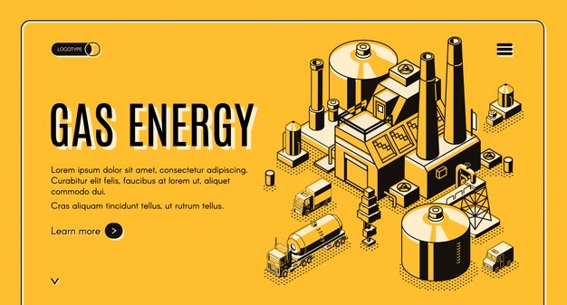 Banner de web de vector isométrico de la compañía de suministro de energía y gas natural o plantilla de página de destino con carg