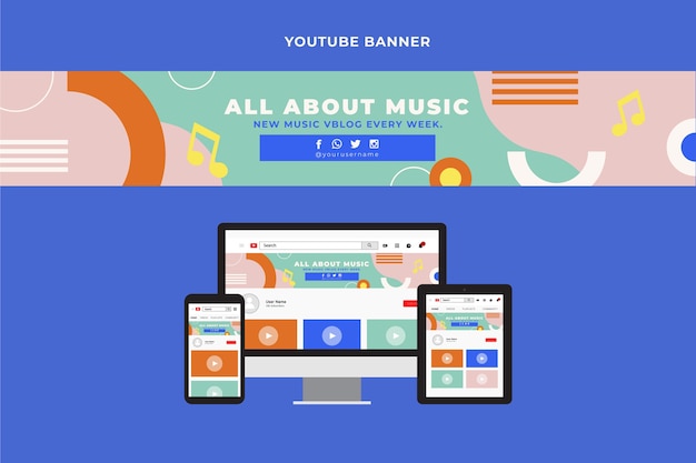 Vector gratuito banner de youtube de diseño plano