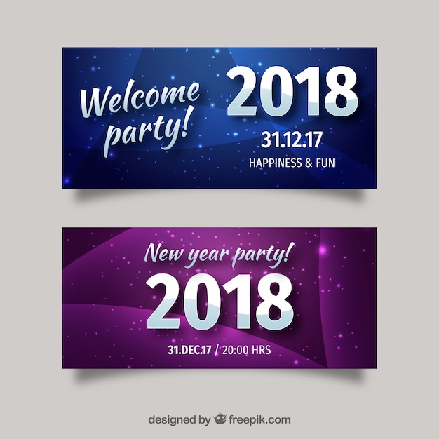 Banners abstractos de fiesta de año nuevo 2018 azules y morados
