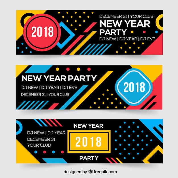 Vector gratuito banners abstractos de fiesta de año nuevo 2018 con estilo memphis