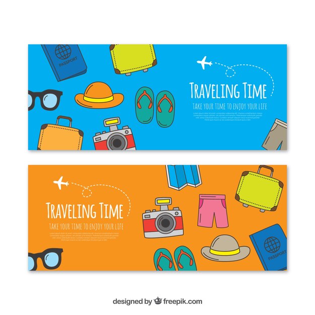 Banners de accesorios de viaje dibujados a mano