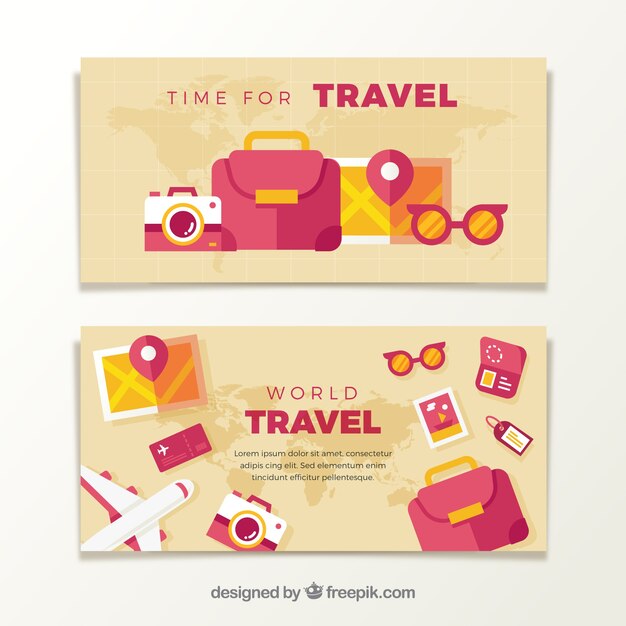 Banners de accesorios de viaje en diseño plano 
