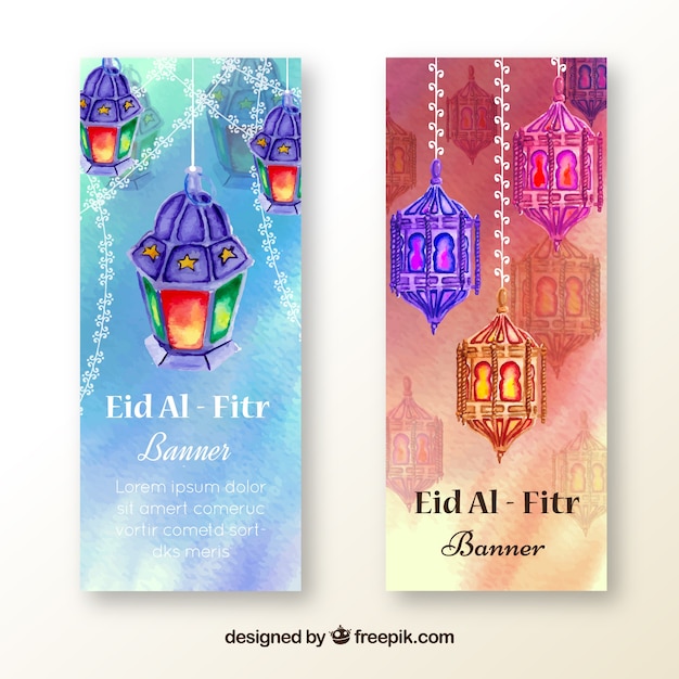 Vector gratuito banners de acuarela con bonitas lámpara de eid al fitr