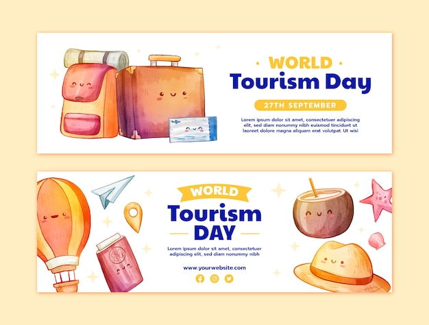 Vector gratuito banners de acuarela para la celebración del día mundial del turismo.