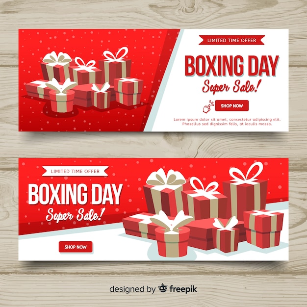 Banners adorables de boxing day con diseño plano