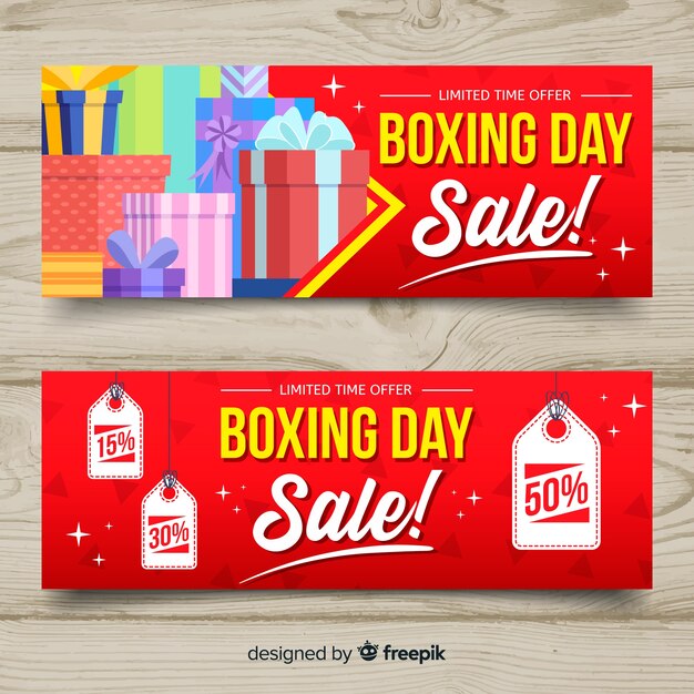 Banners adorables de boxing day con diseño plano