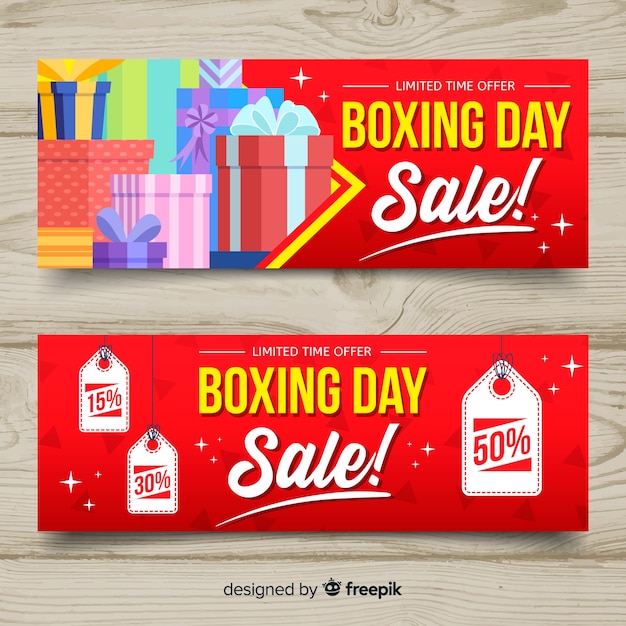 Banners adorables de boxing day con diseño plano