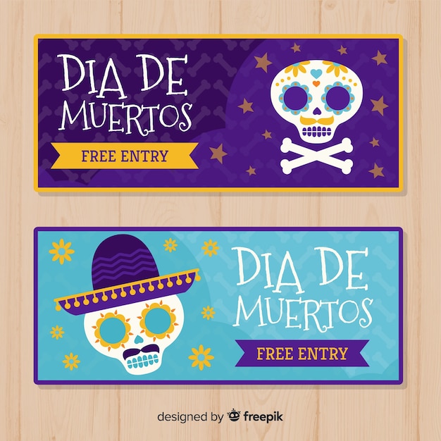 Banners adorables del día de los muertos con diseño plano